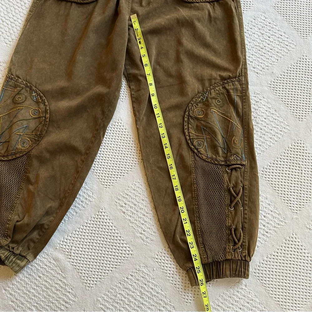 Y2K Gorpcore Utility Pants-Embroidered Patchwork Mesh Pockets-Earthy Brown-M - Picture 9 of 12